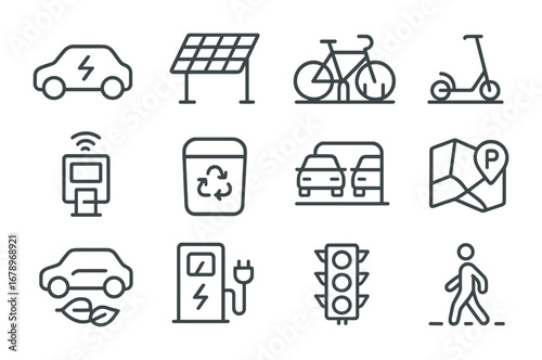 Eco Parking Icon Set. Outline icon set of eco parking hubs: EV car icon, solar roof, bike stand, scooter dock,