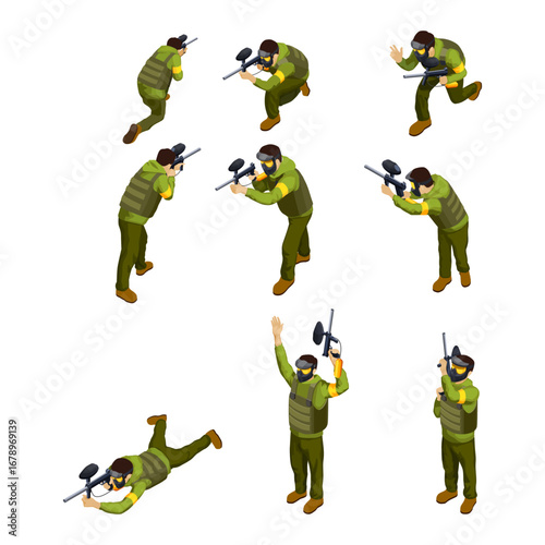 Paintball Players in Action A Set Collection of Isometric Poses