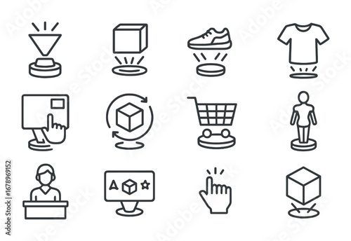Holographic Retail Icons. Outline icon set of holographic retail: hologram projector, floating product,