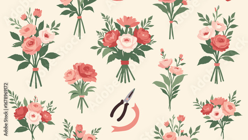 Bouquet sketches, pruning shears, ribbon rolls florist supply repeat, palette: blush pink, leaf green, stem brown, ivory