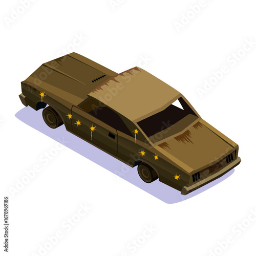 Rusty abandoned sedan car viewed from above in isometric perspective