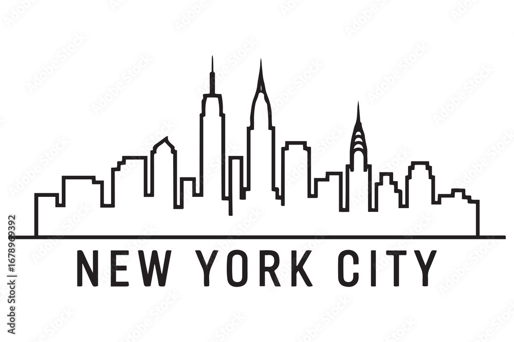 Naklejka premium Linear New York City Line Art Skyline with Typographic Design. Vector black silhouette. with white background