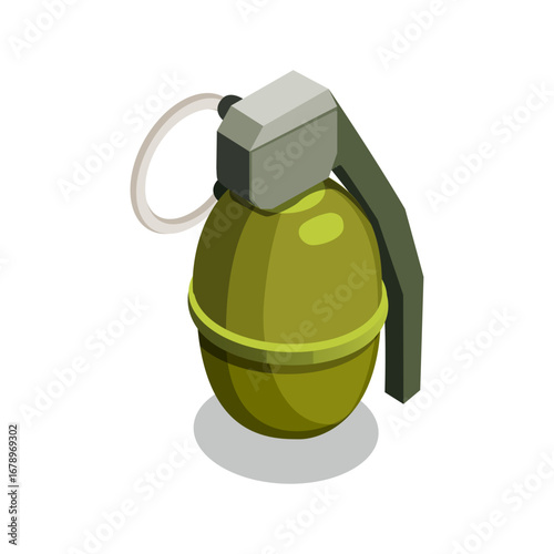 Isometric green hand grenade illustration. Military combat weapon or explosive device isolated on white