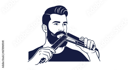 Man grooming his beard with a hair straightening iron illustration.