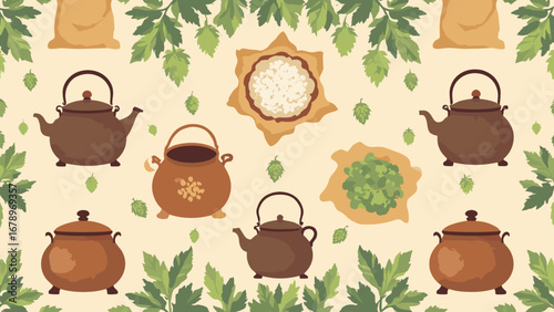 Brewing kettles, malt sacks, hops cones craft-brew pattern, palette: amber, hop green, copper, oatmeal
