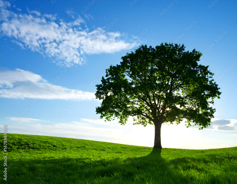 Fototapeta premium A single large tree on a lush green hill under a blue sky. A concept of life, hope, and the environment. A beautiful, lonely nature landscape. Generative AI