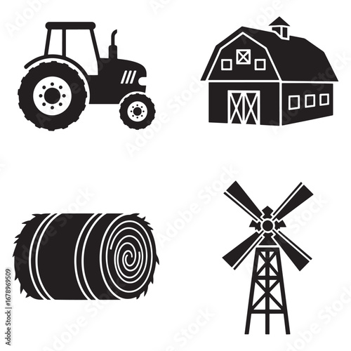 Farm Icons Collection Tractor Barn Hay Bale and Windmill Representing Agriculture and Rural Life Symbols of Farming and Countryside Harvest Season