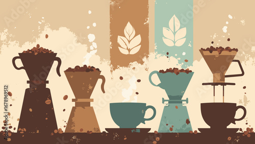 Espresso portafilters, latte art stencils, coffee beans barista collage, palette: espresso brown, crema beige, copper, mint
