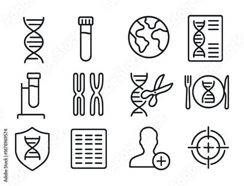 Genetic Testing Icons. Outline icon set of genetic testing: DNA helix, saliva tube, ancestry map, genome
