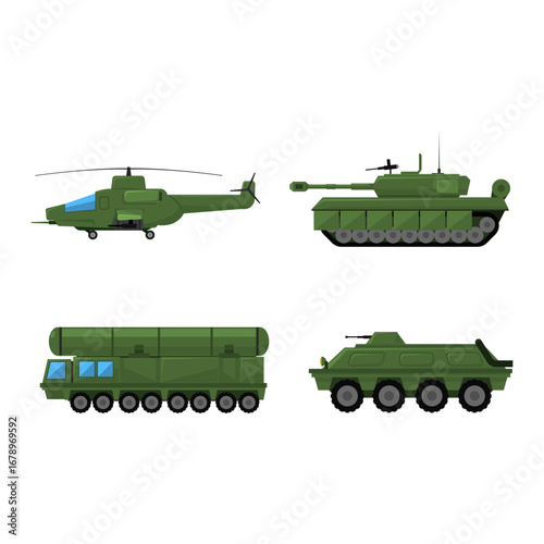 Vector set illustration set of heavy military equipment for army and defense concepts