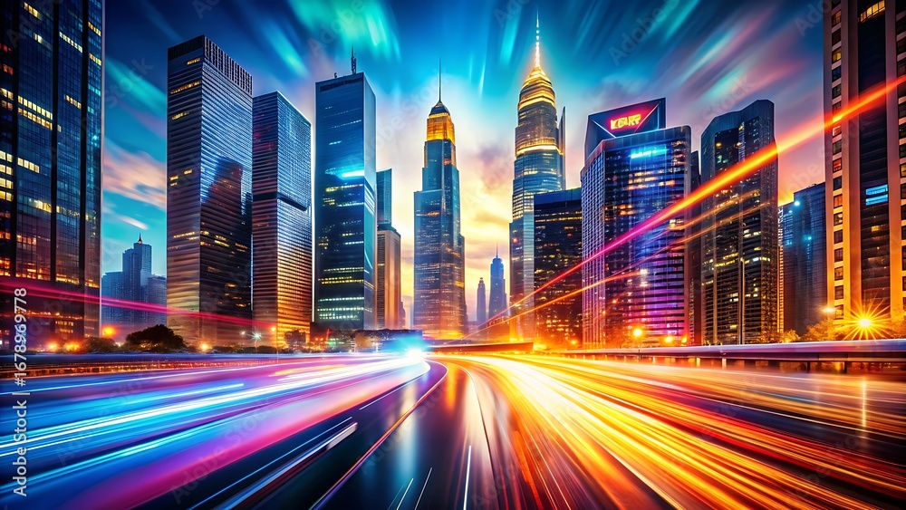 Fototapeta premium Futuristic Cityscape with Light Trails and Modern Architecture at Night