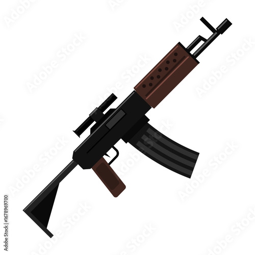 Illustration of a modern assault rifle with a scope and magazine, isolated on white