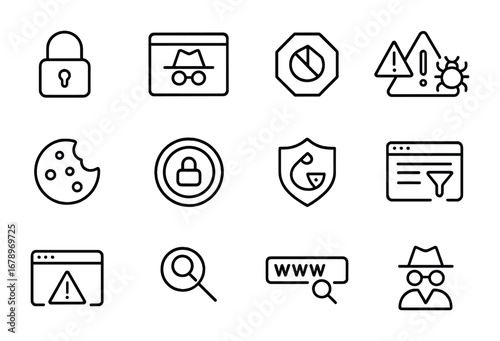 Safe Browsing Icons. Outline icon set of safe browsing: HTTPS lock, incognito window, ad blocker, malware