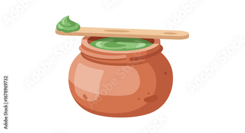 Terracotta Jar with Green Paste and Wooden Spatula.
