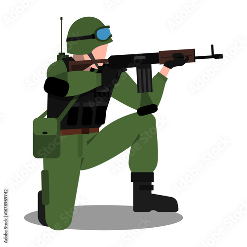 Vigilant infantry soldier kneeling in a combat ready pose with an assault rifle