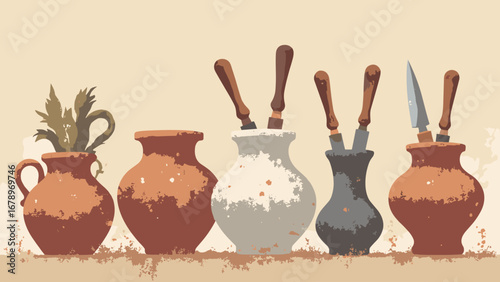 Clay pots, sculptor chisels, plaster molds artisan-studio motif, palette: clay terracotta, plaster white, patina bronze, charcoal
