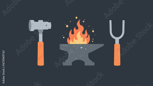 Forge hammer, anvil, tongs blacksmith tool icons on soot background, palette: ember orange, iron gray, coal black, ash