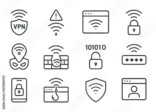 Wi-Fi Security Icons. Outline icon set of public Wi-Fi security: VPN shield, unsecured Wi-Fi warning, captive