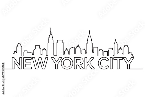 Linear New York City Line Art Skyline with Typographic Design. Vector black silhouette. with white background