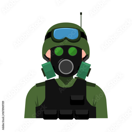 Vector icon of a soldier in a gas mask and tactical gear for military operations