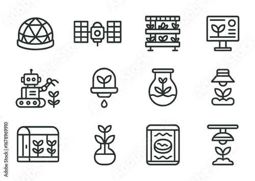 Greenhouse Space Station Icons. Outline icon set of greenhouse space stations: orbital domes, solar panels,