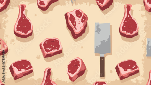 Butcher cleaver, butcher block, meat hooks repeat on butcher-paper, palette: cleaver steel, butcher brown, blood red, kraft
