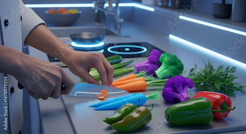 Fototapeta Naklejka Na Ścianę i Meble -  Chef chopping vibrant and colorful vegetables in a futuristic kitchen