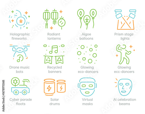 Neon Eco-Celebration Icons. Outline icon set of neon eco-celebrations: holographic fireworks, radiant lanterns