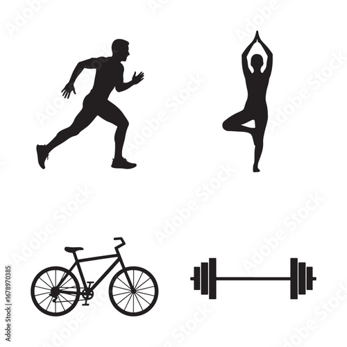Fitness and Healthy Lifestyle Vector Illustration Featuring Running Yoga Biking and Weightlifting Activities Representing Physical Exercise and Wellbeing in a Simple Design