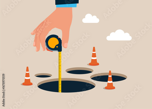 Hand using a ruler measures the depth of a hole estimate business risk. Avoid pitfall, adversity,  skill and creativity to solve problem concept. Modern vector illustration in flat style