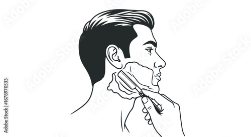 Line art illustration of a man shaving with a straight razor.