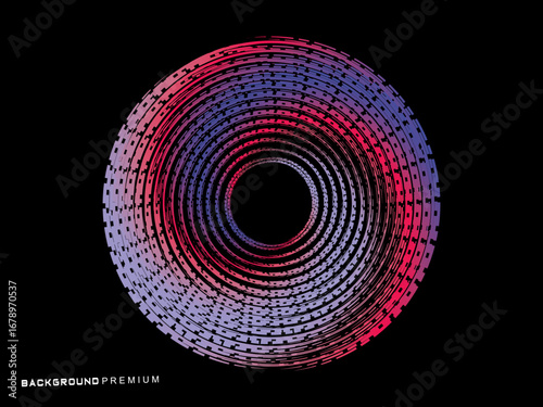 Vector background of rotating elliptical 3D shapes, consisting of a pattern of squares and wavy lines with colorful gradations.	