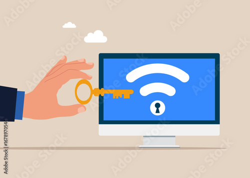 Hand with key and wifi on screen computer. Productivity and efficiency management. Wifi encryption, wireless security or safety for internet connection. Flat vector illustration