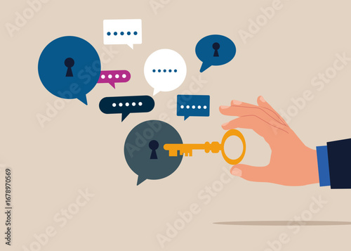 Hand with key and speech bubbles. Dialogue encryption, Discussion, conversation, meeting, team communication. Modern vector illustration in flat style