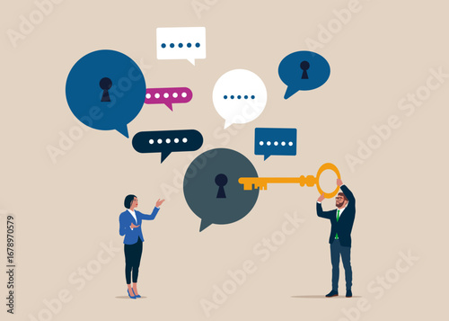 Businessman with key and speech bubbles. Dialogue encryption, Discussion, conversation, meeting, team communication. Modern vector illustration in flat style