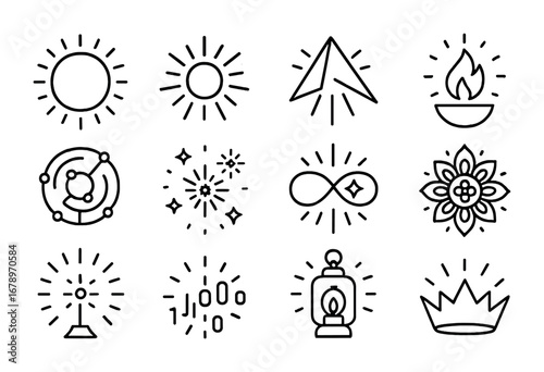 AI Divine Light Icons. Outline icon set of AI-inspired divine light: radiant halo, luminous sphere, prism beam
