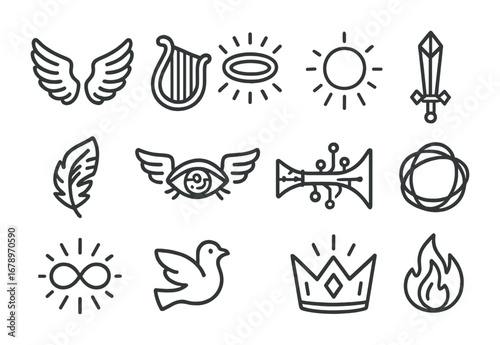 AI Angelic Icon Set. Outline icon set of AI angelic symbols: radiant wings, glowing harp, luminous halo, prism