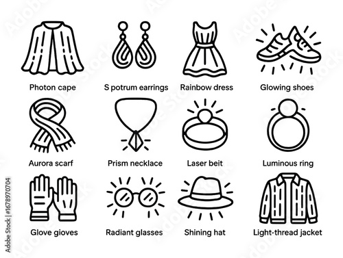 Quantum Fashion Icons. Outline icon set of quantum light fashion: photon cape, spectrum earrings, rainbow