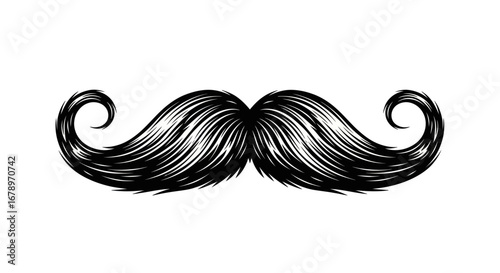 Detailed Black Mustache Illustration with Curled Ends.