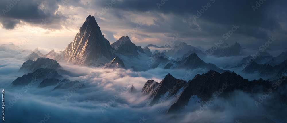 custom made wallpaper toronto digitalMajestic mountain peaks rising above a sea of clouds at sunrise; dramatic light highlights sharp ridges and mist-filled valleys, creating a breathtaking, ethereal landscape. ai generative