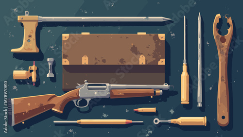 Cartridge case, gunsmith tools, cleaning rods subtle maintenance icons, palette: brass, gunmetal, oil black, oak