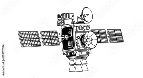 Detailed illustration of a functional space satellite with solar panels and communication dish.