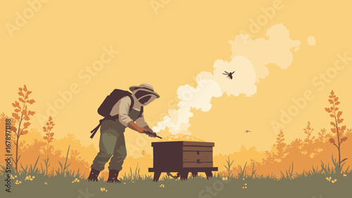 Beekeeper smoker, honeycomb, hive frame apiculture motif on amber, palette: honey amber, brimstone, comb beige, sage
