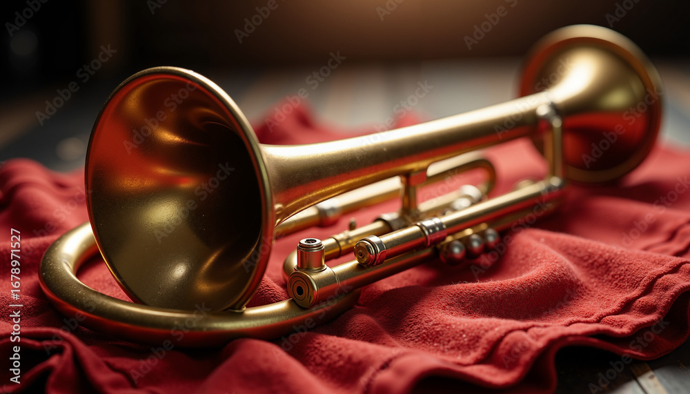 Obraz premium Brass trumpet resting on red fabric with soft lighting 