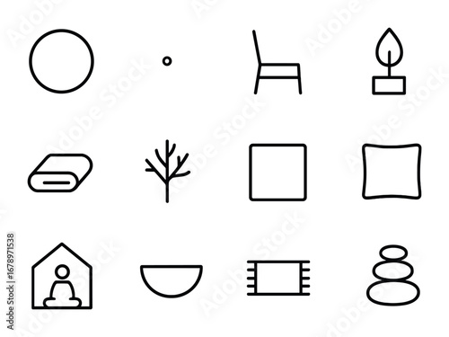 Spiritual Minimalism Icons. Outline icon set of spiritual minimalism: empty circle, single dot, simple chair,