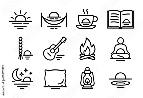Sunset Reflection Icons. Outline icon set of sunset reflections: sunset, hammock, tea cup, open notebook,