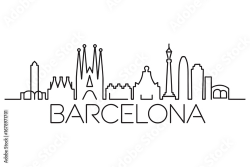 Minimal Barcelona City Line Art Linear Skyline with Typographic Design. Vector black silhouette. with white background