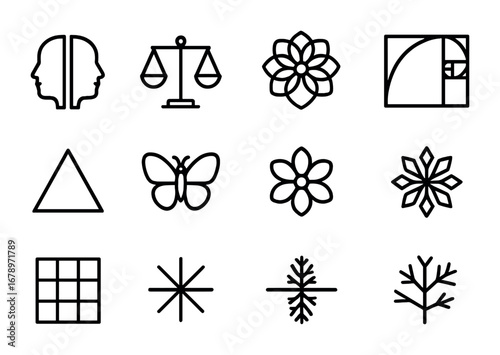Symmetry Icons Grid. Outline icon set of symmetry and proportion: mirrored face, balanced scale, mandala,
