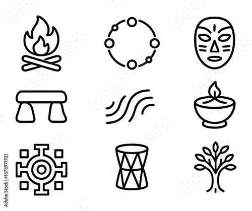 Ritual Icon Set. Outline icon set of ritualistic aesthetics: ceremonial fire, sacred circle, symbolic mask,