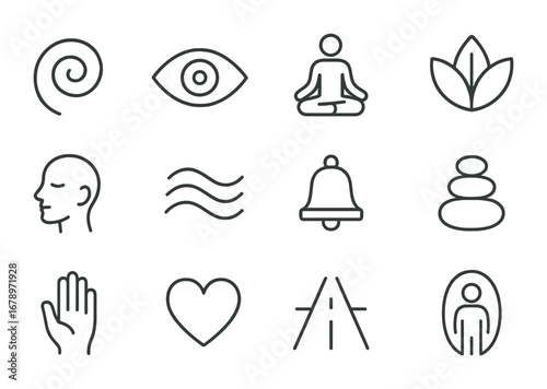 Mindful Icons Grid. Outline icon set of mindful aesthetics: breathing swirl, mindful eye, lotus pose, nature